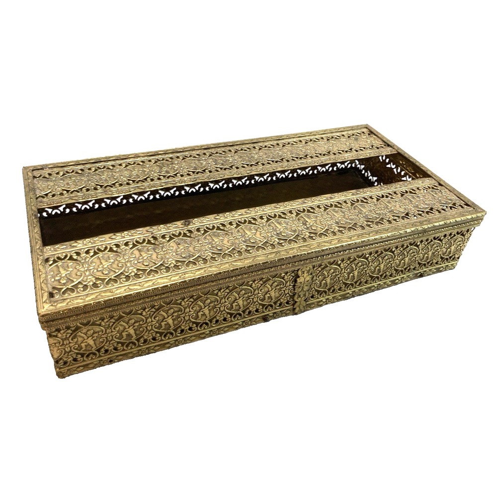 Vintage MCM Gold Tone Brass Tissue Box Filigree‎ Holder Ornate Hollywood Regency
